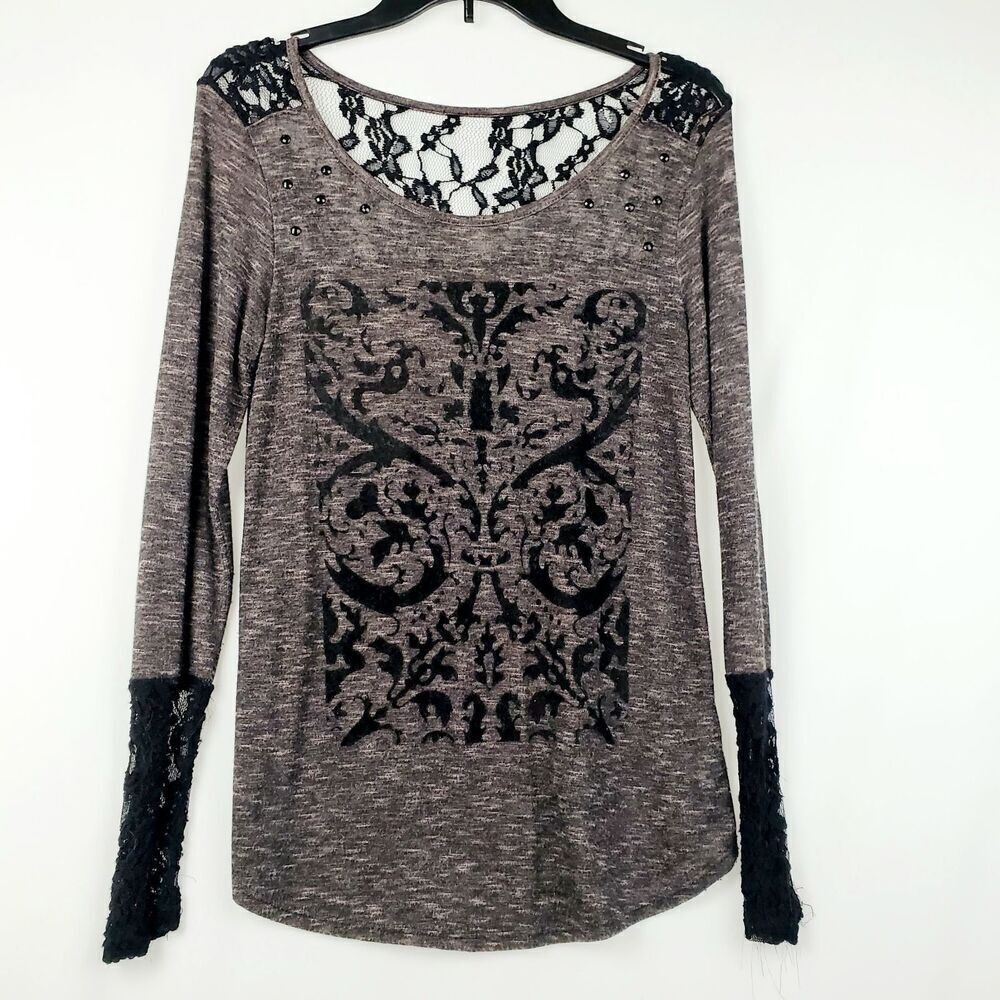 M+ Maurices SMALL Grey Black Lace LS BLOUSE TOP